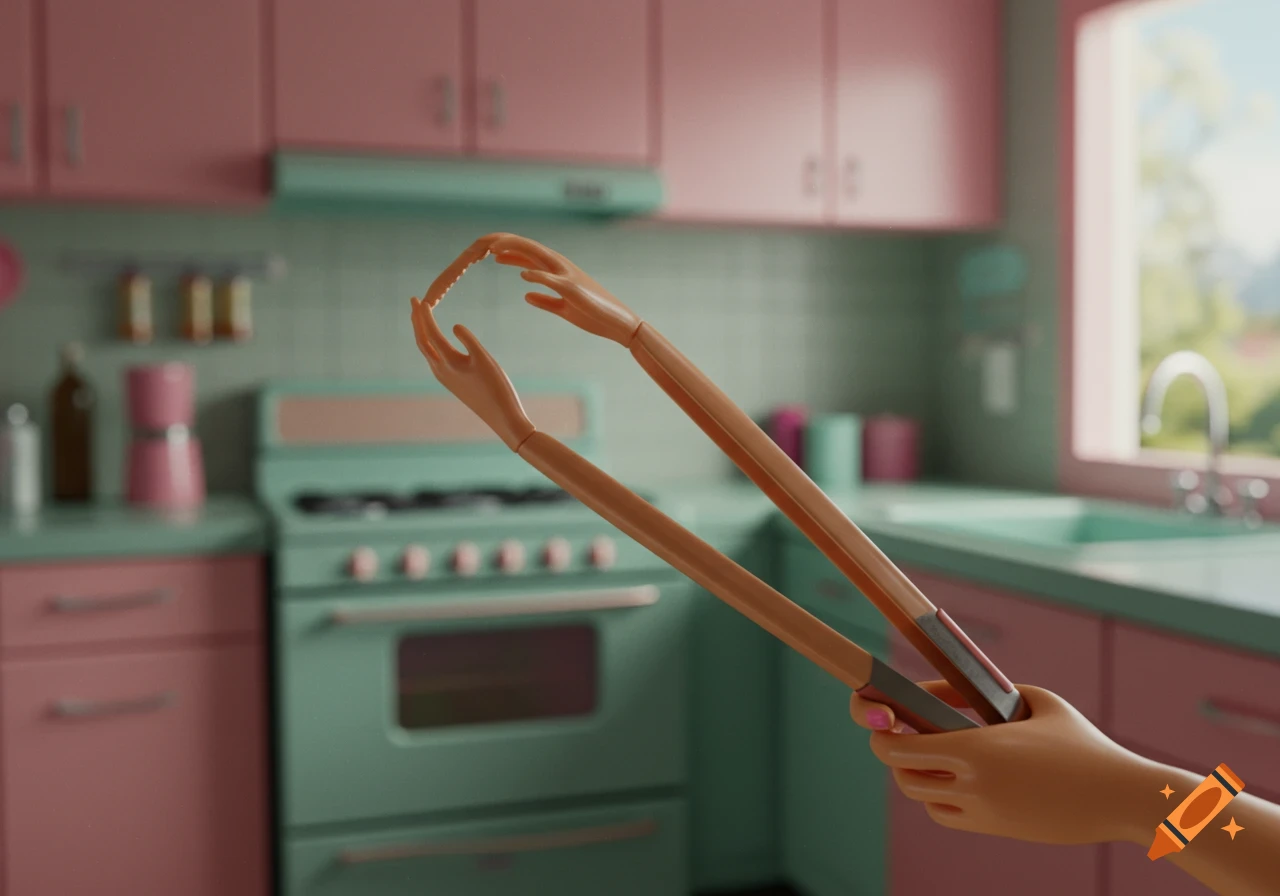 A pair of tongs made from Barbie doll arms in a pink and mint green toy kitchen.