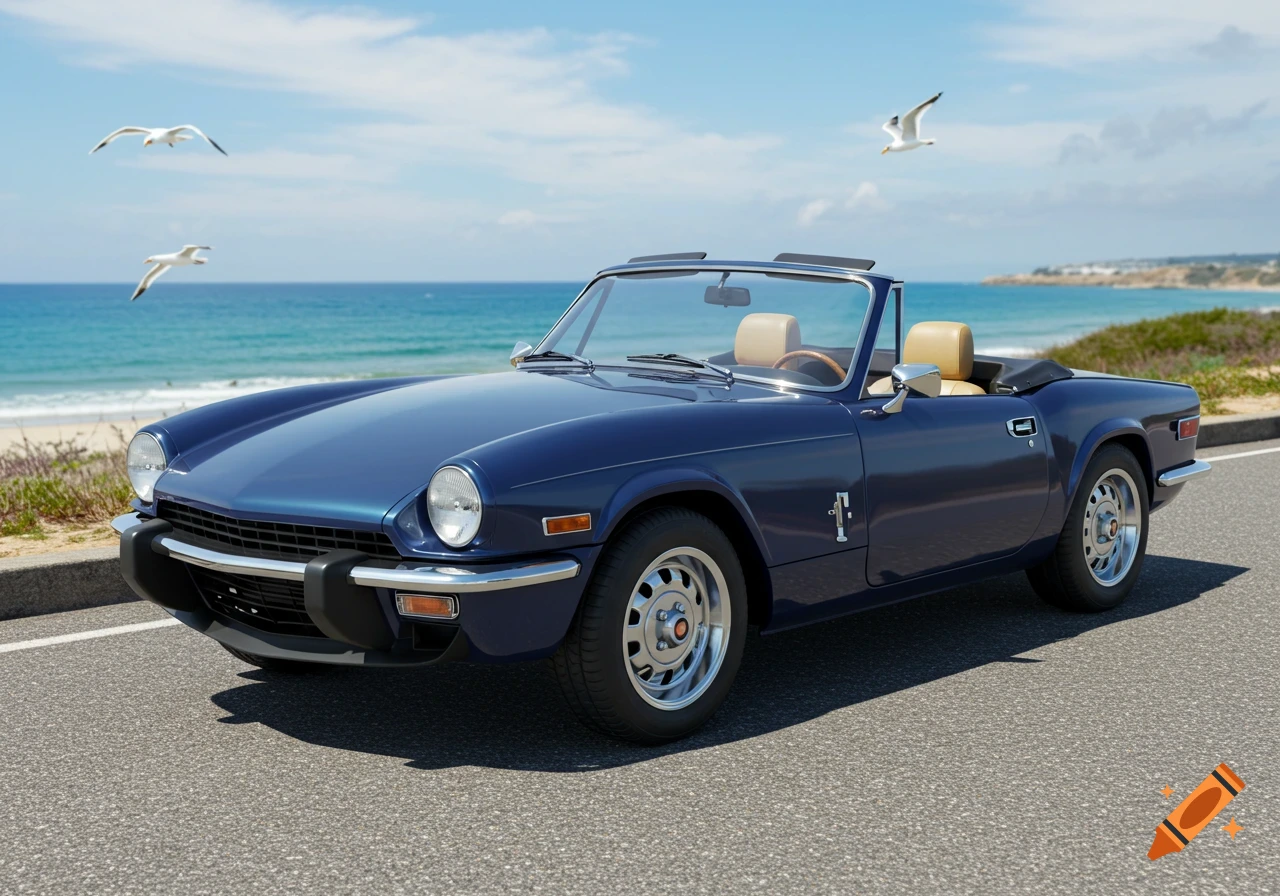 A dark blue 1970 Triumph Spitfire convertible with tan seats parked on a road next to a sunny beach with seagulls flying.