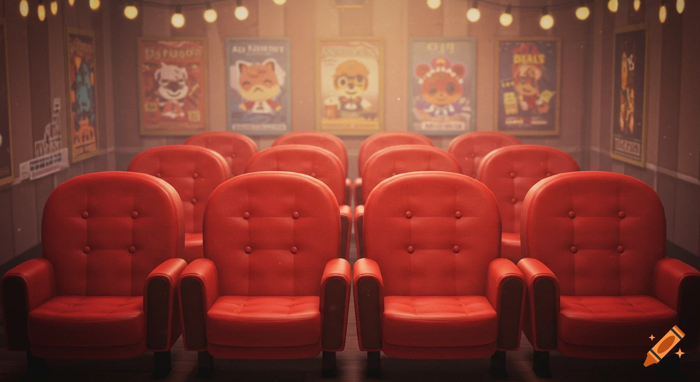 Red movie theater seats in an Animal Crossing style cinema with posters on the walls and string lights.