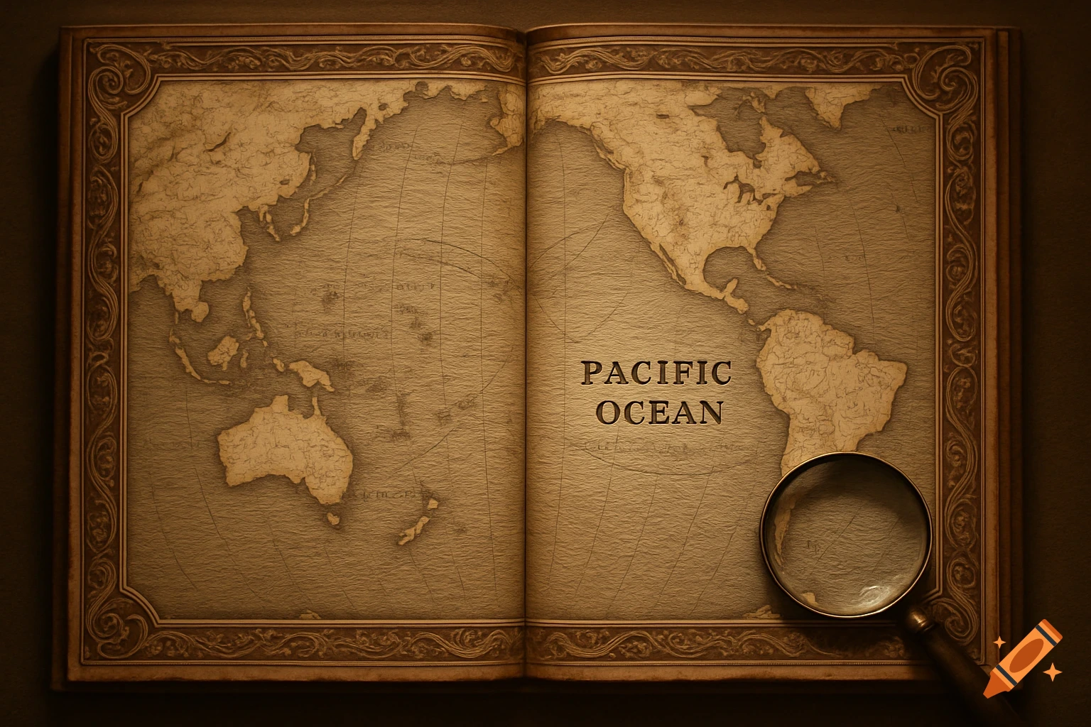 An open, old-fashioned book displays a vintage world map, with the Pacific Ocean prominently labeled. A magnifying glass rests on the right page.