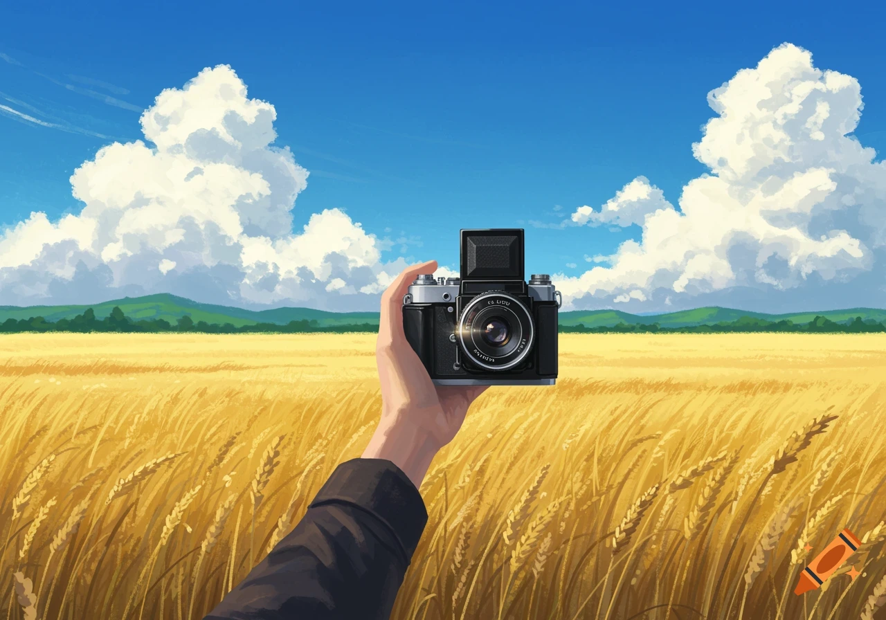 A hand holds a vintage camera in a golden wheat field under a bright blue sky with white clouds, digital art style.