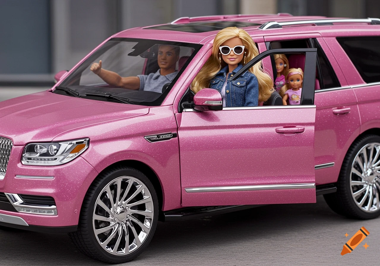 A Barbie doll in a white denim jacket and sunglasses sits in the driver's seat of a glittery pink Lincoln Navigator toy car, with Ken in the passenger seat and two smaller dolls in the back.