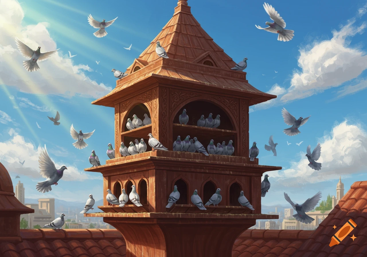 A large, multi-tiered brown wooden dovecote on a tiled rooftop, with many pigeons perched on it and flying in a sunny blue sky.