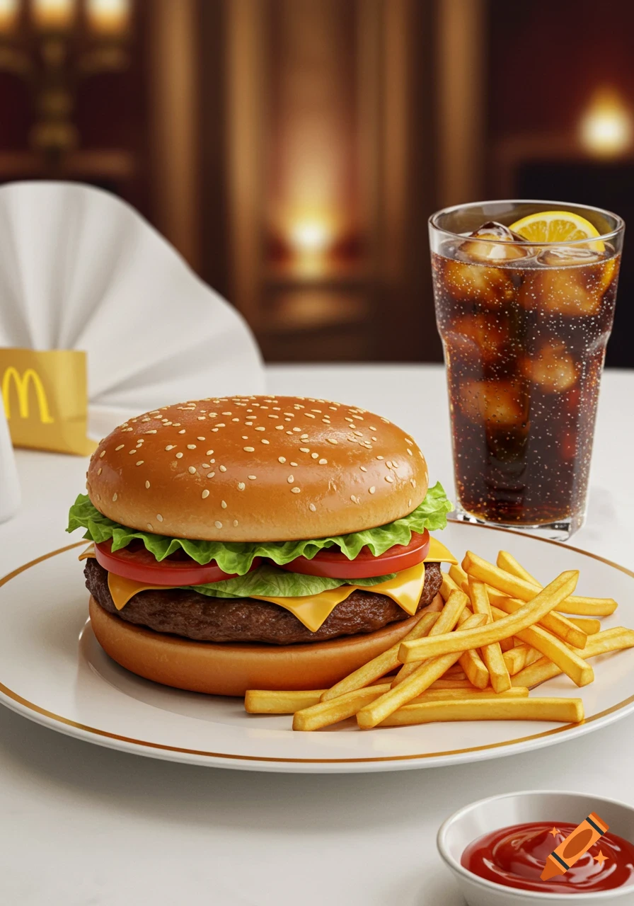Photorealistic close-up of a McDonald's hamburger meal with fries, soda, and ketchup on a white plate in a restaurant setting.