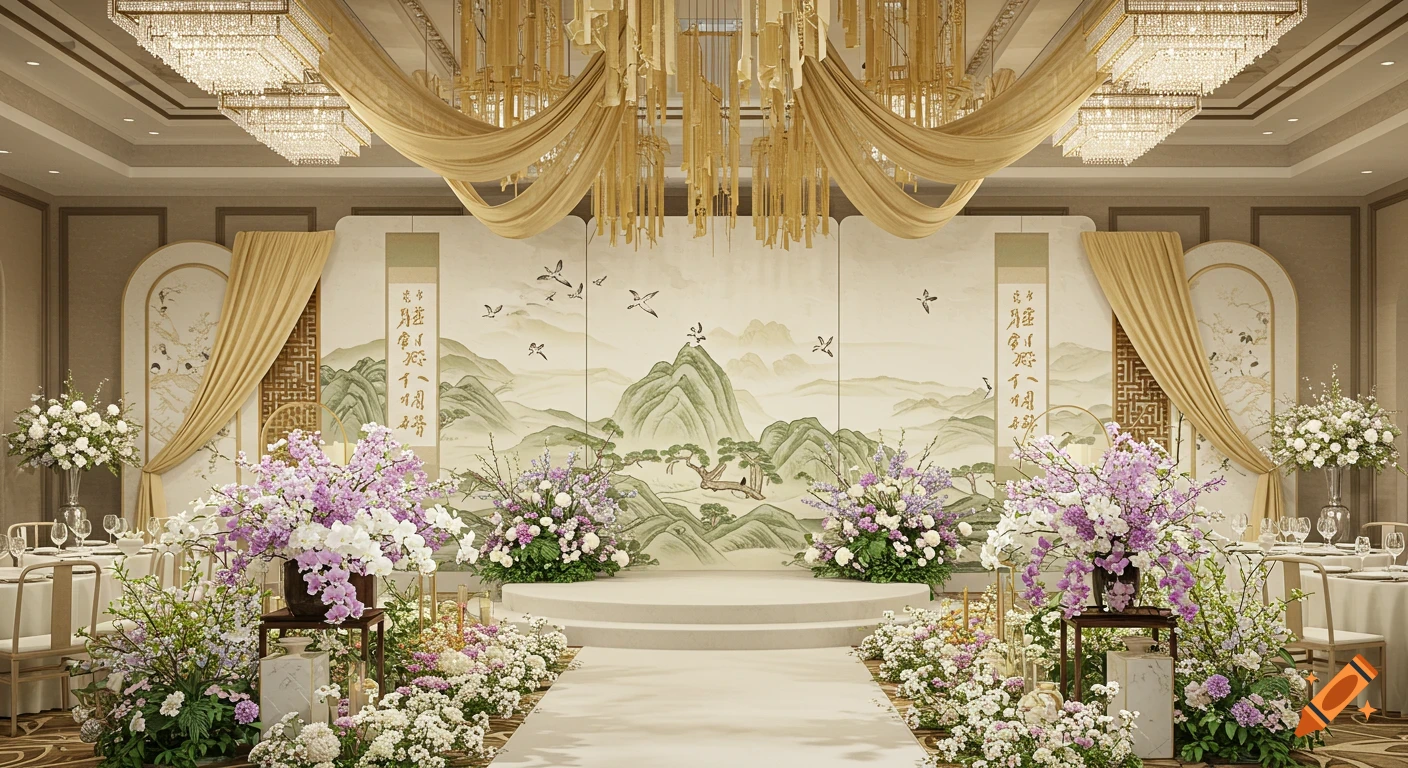 Elegant Chinese wedding venue with a painted landscape screen, gold drapes, white and purple floral arrangements, and crystal chandeliers.