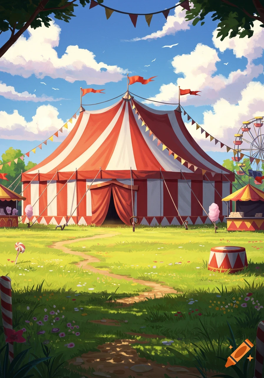A vibrant illustration of a red and white striped circus tent on a sunny  grassy field with a ferris wheel in the background. on Craiyon, image size:896x1280