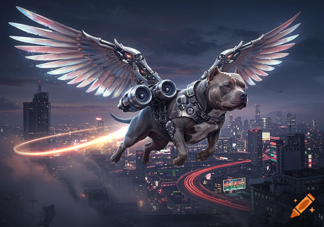 A pit bull with metallic wings and jet engines flies over a futuristic city at night.