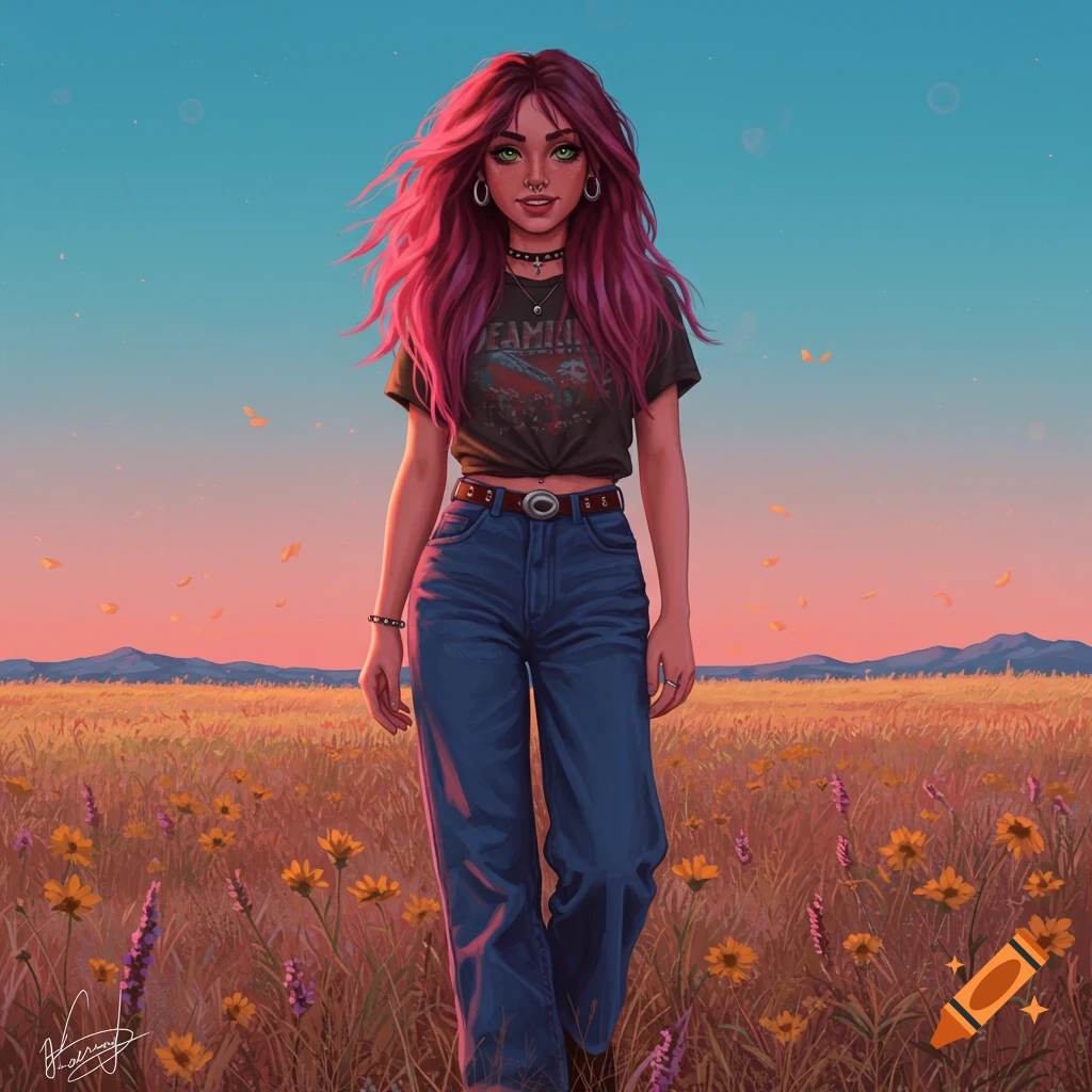 A young woman with long pink hair and green eyes, wearing a band t-shirt and baggy jeans, walks through a field of wildflowers at sunset.