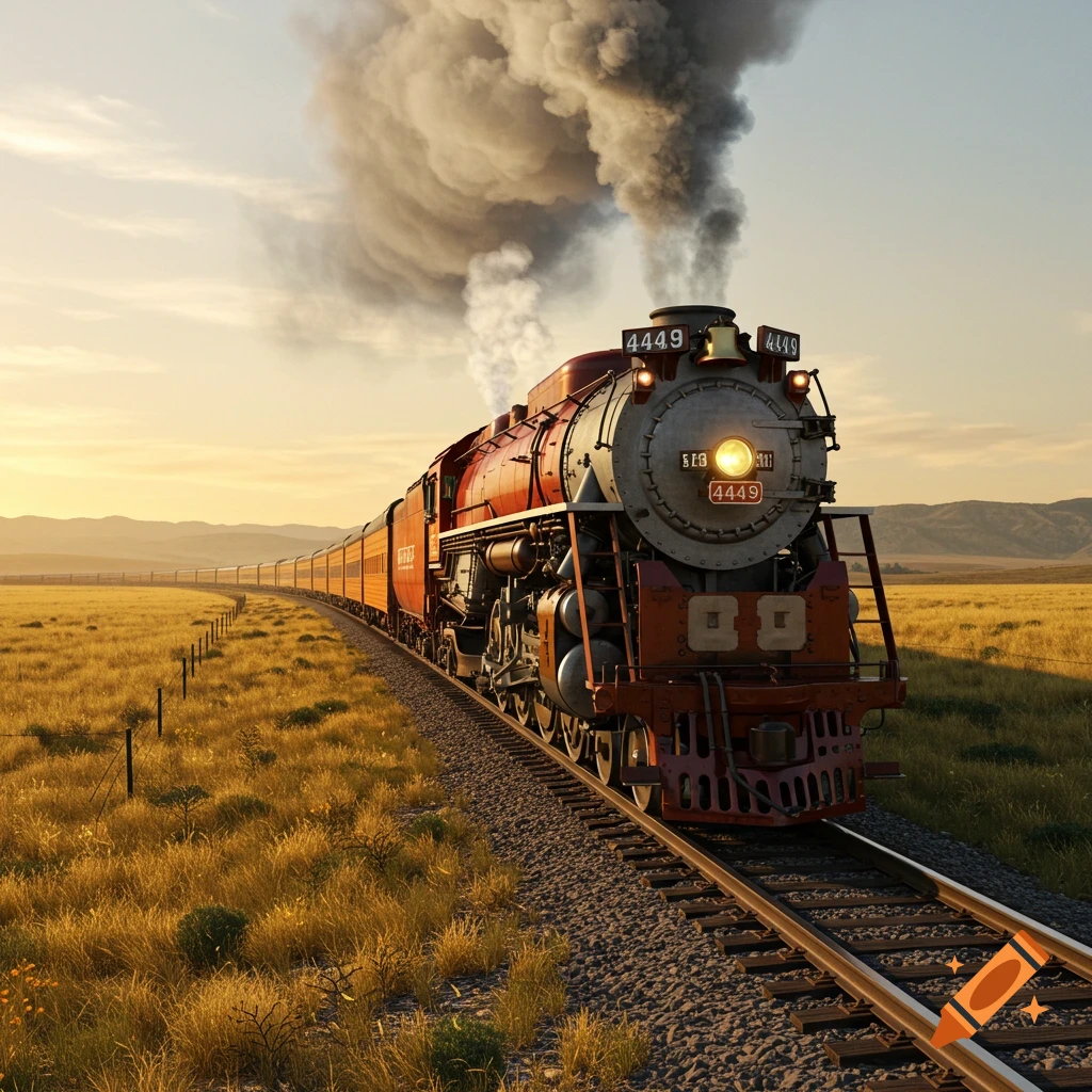 A red and grey steam train with "4449" on its front, emits smoke as it travels through a golden field at sunset.