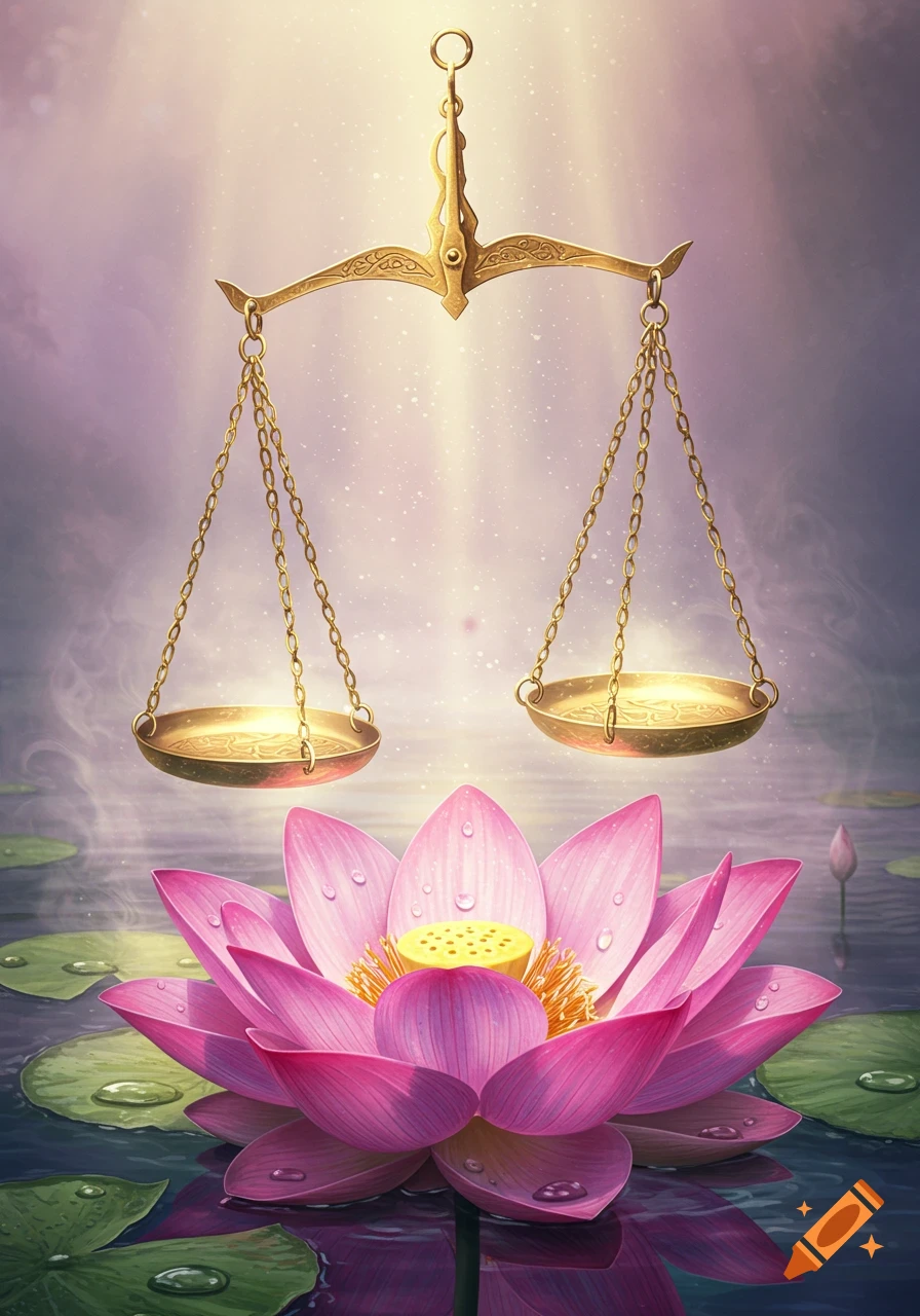 A golden ornate weighing scale hangs above a vibrant pink lotus flower on water with a mystical, glowing purple sky background.