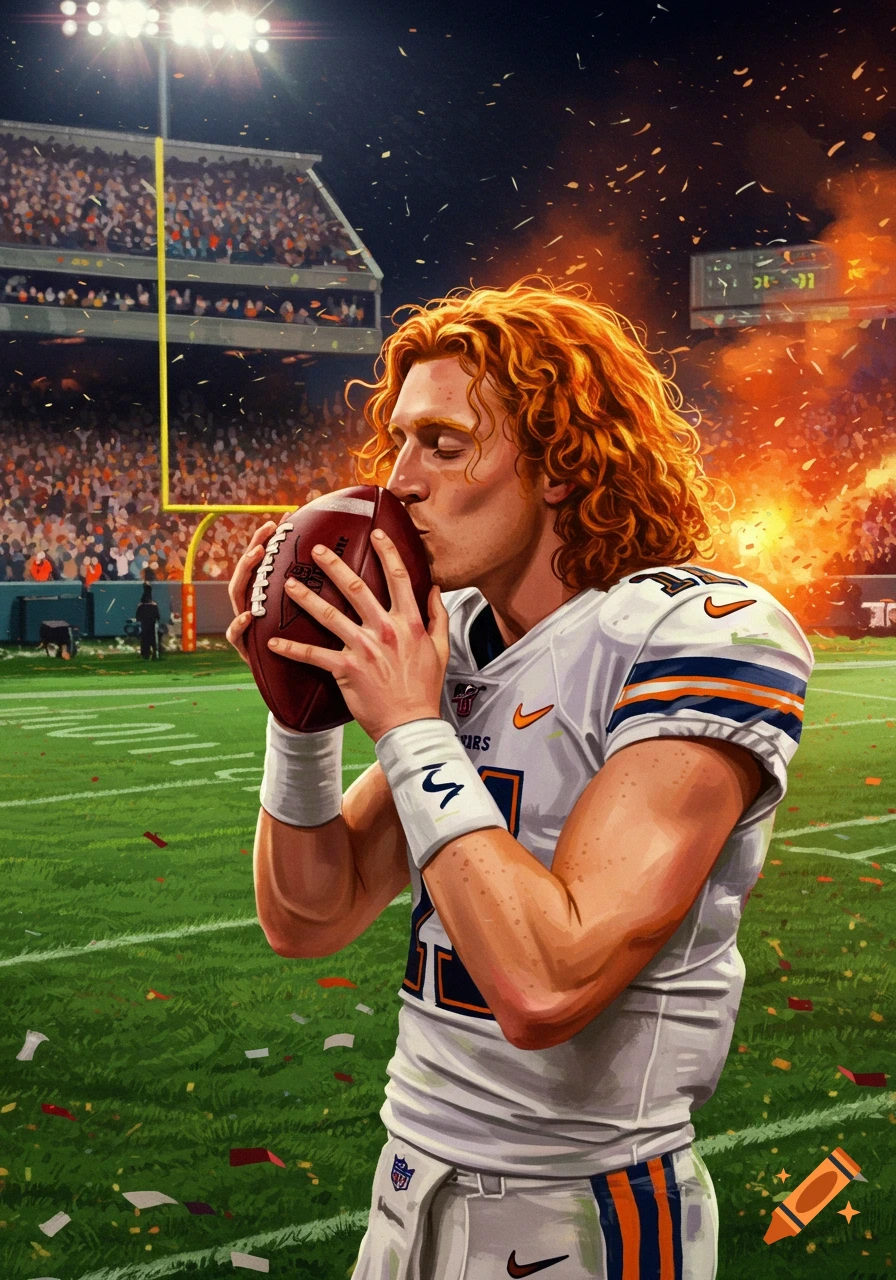 An emotional ginger football player in a white jersey kisses an American football on the field after a game, with a stadium in the background.