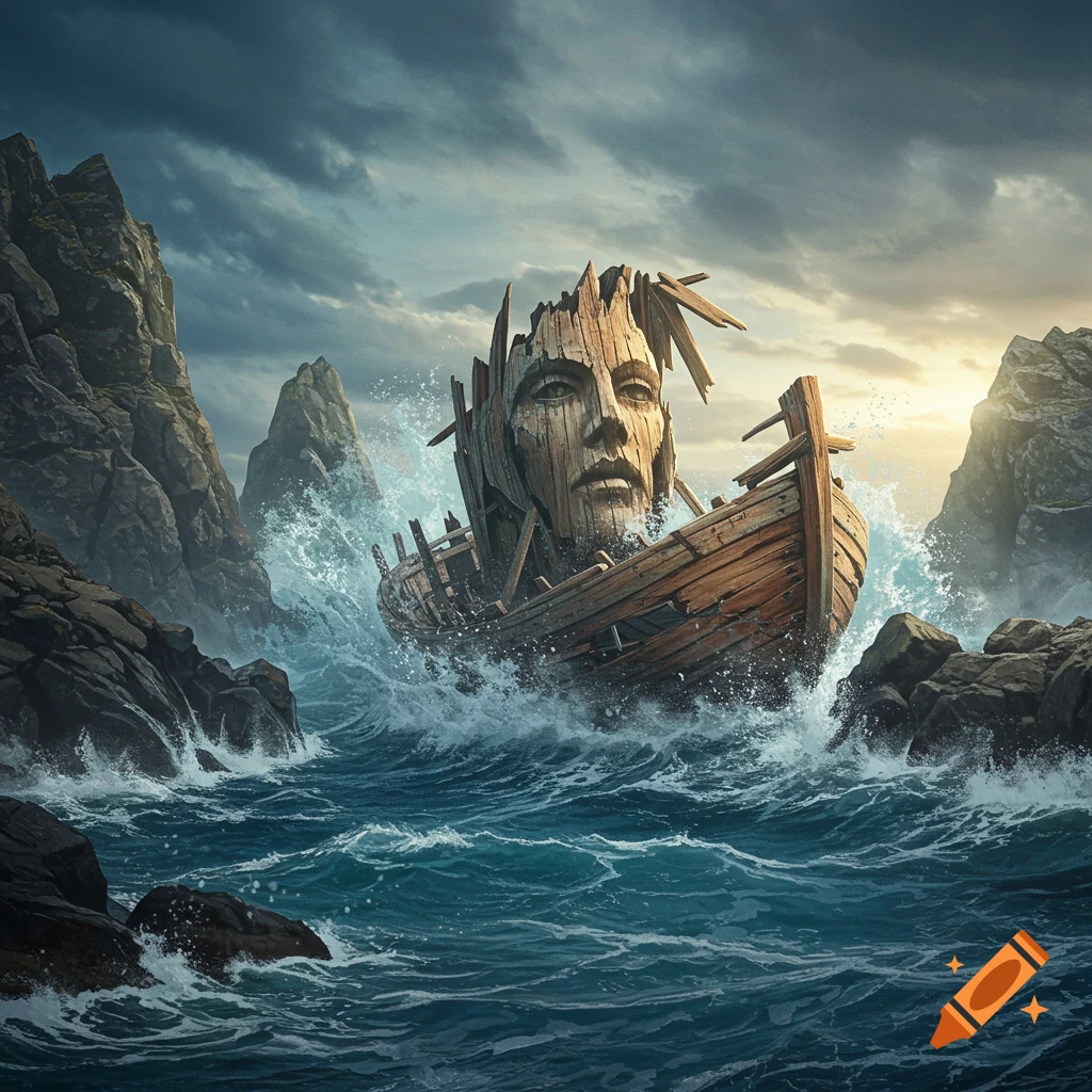 A wooden boat with a carved human face on its bow crashes into rocky cliffs in stormy seas.