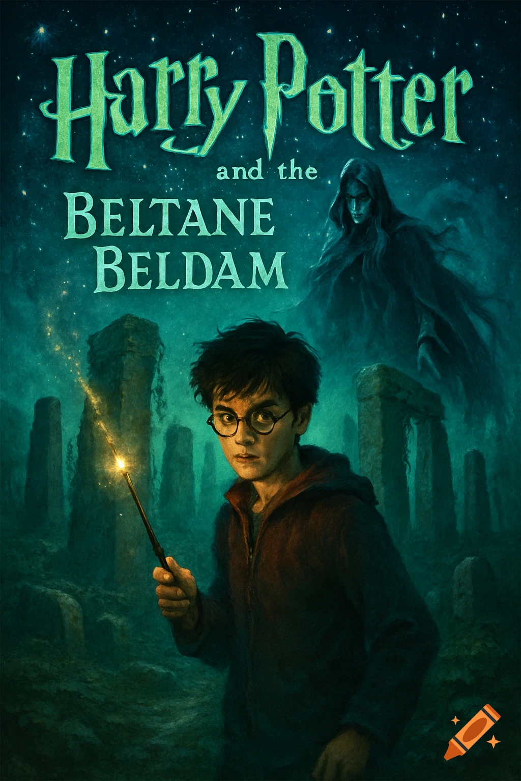 A fantasy book cover for 'Harry Potter and the Beltane Beldam' shows Harry Potter holding a glowing wand, standing among ancient stone structures under a starry sky, with a cloaked, eerie figure hovering above.