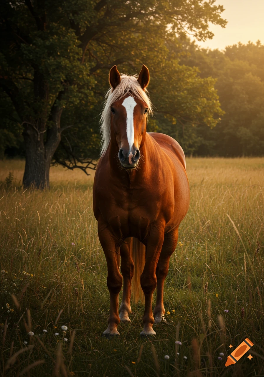 Photorealistic image of a brown horse with a white blaze and flaxen mane, standing in a golden grassy field at sunset.
