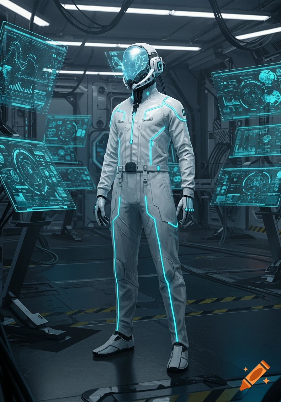 A person in a white futuristic suit with glowing blue lines stands in a high-tech room with multiple holographic screens displaying data.