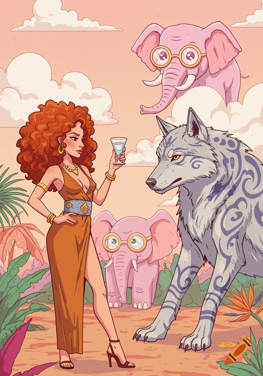 Cartoon of woman with drink, wolf with tattoos, and two pink elephants with glasses in a jungle landscape.