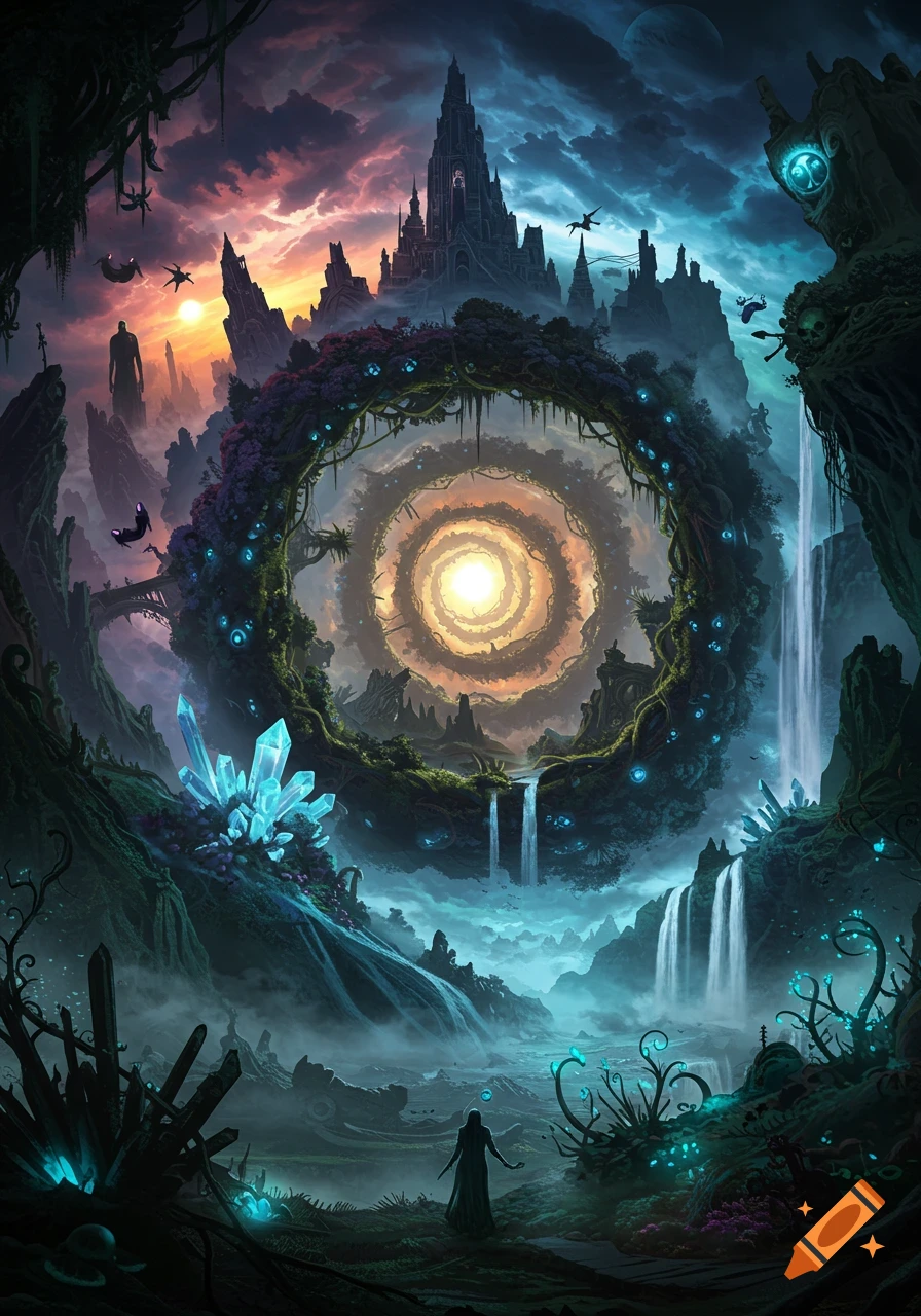 A dark fantasy landscape with a large glowing spiral portal, a distant castle, waterfalls, glowing crystals, and a silhouetted figure.