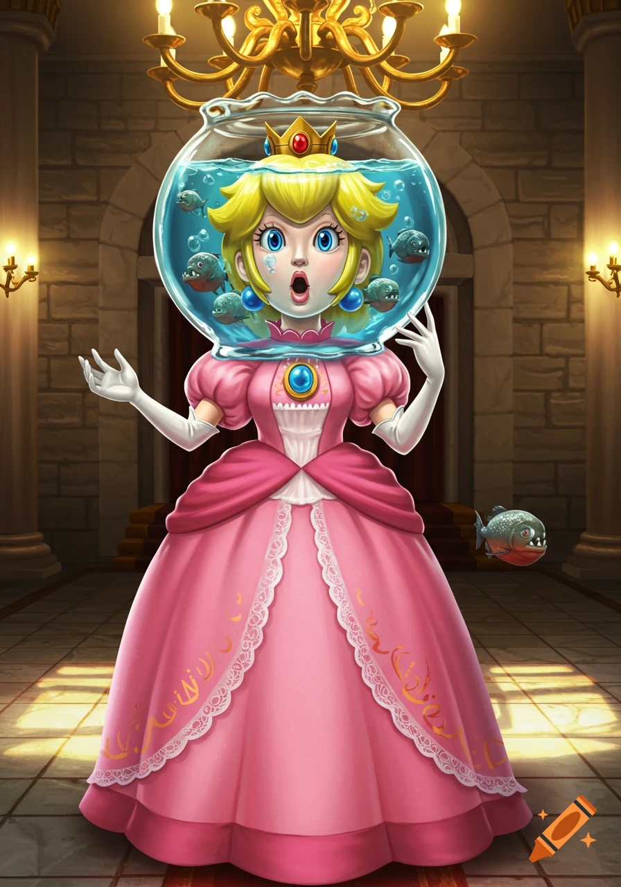 Illustration of Princess Peach with a fishbowl head filled with piranhas, standing in a grand palace.