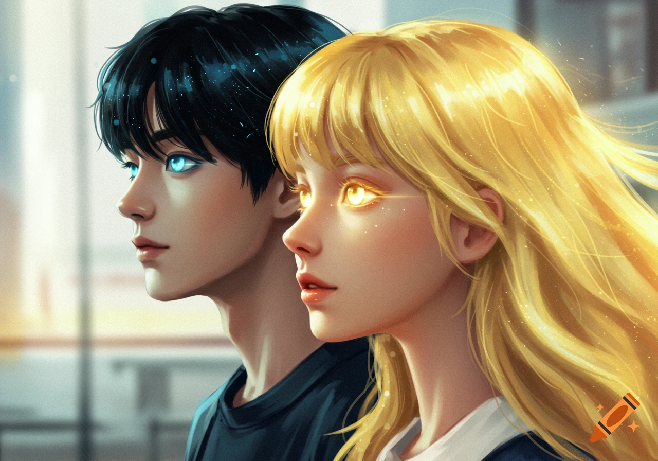 A boy with black hair and glowing blue eyes and a girl with golden hair and glowing golden eyes walk past each other in an anime art style.