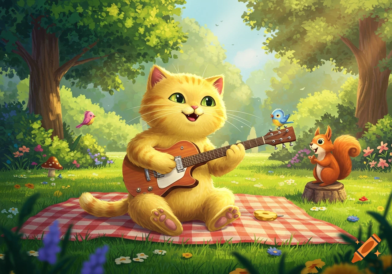 A happy cartoon cat with green eyes plays an acoustic guitar on a red and white checkered blanket in a sunny green park, with a squirrel and birds nearby.