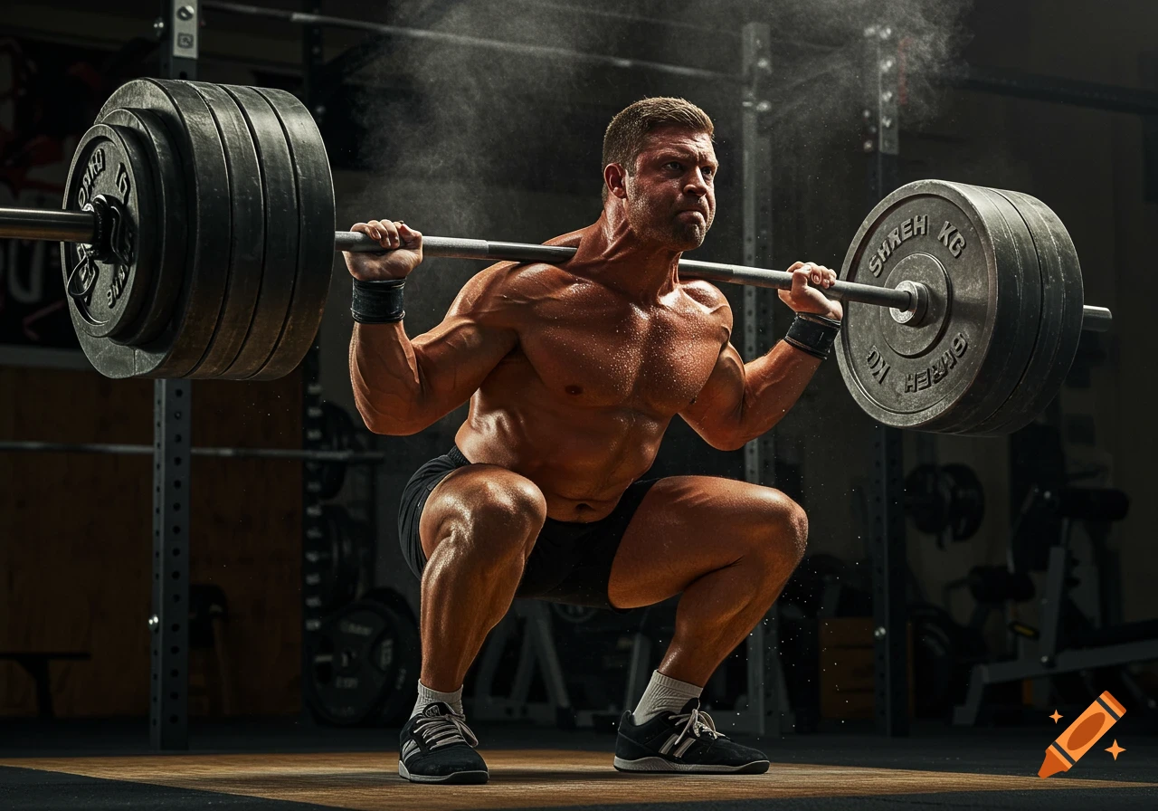 A muscular man performing a heavy barbell squat in a gym, with chalk dust in the air. Photorealistic style.