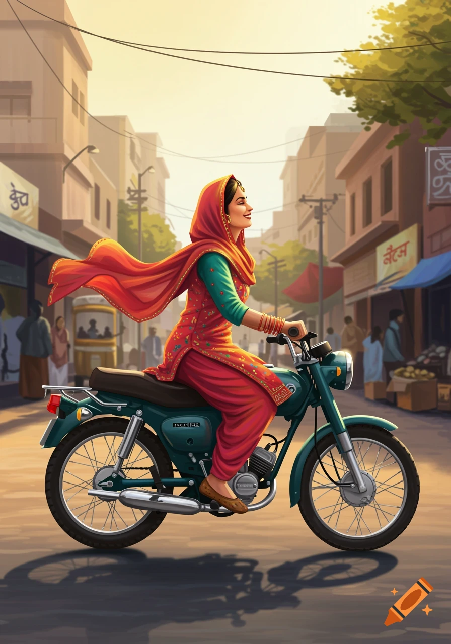 An illustrated image of a Punjabi woman in traditional attire riding a green moped through a bustling city street at sunset.
