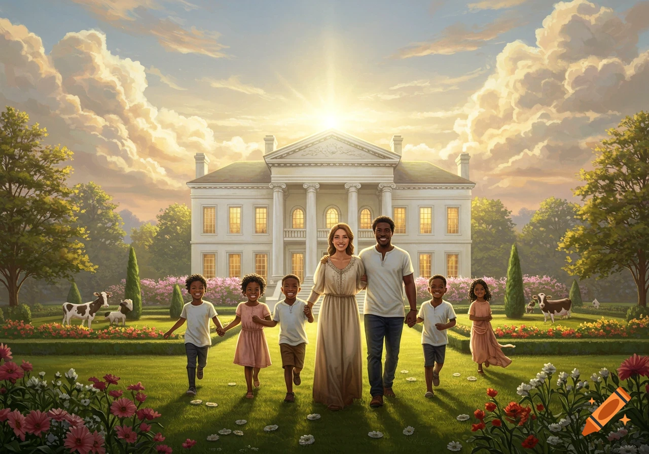 A diverse family with five children runs on a lush green lawn in front of a grand white mansion under a bright, cloud-filled sky.