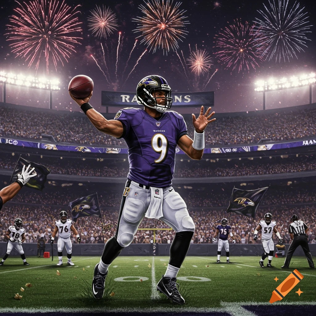 A Baltimore Ravens football player in a purple jersey with number 9 throws a pass in a stadium at night with fireworks exploding overhead.