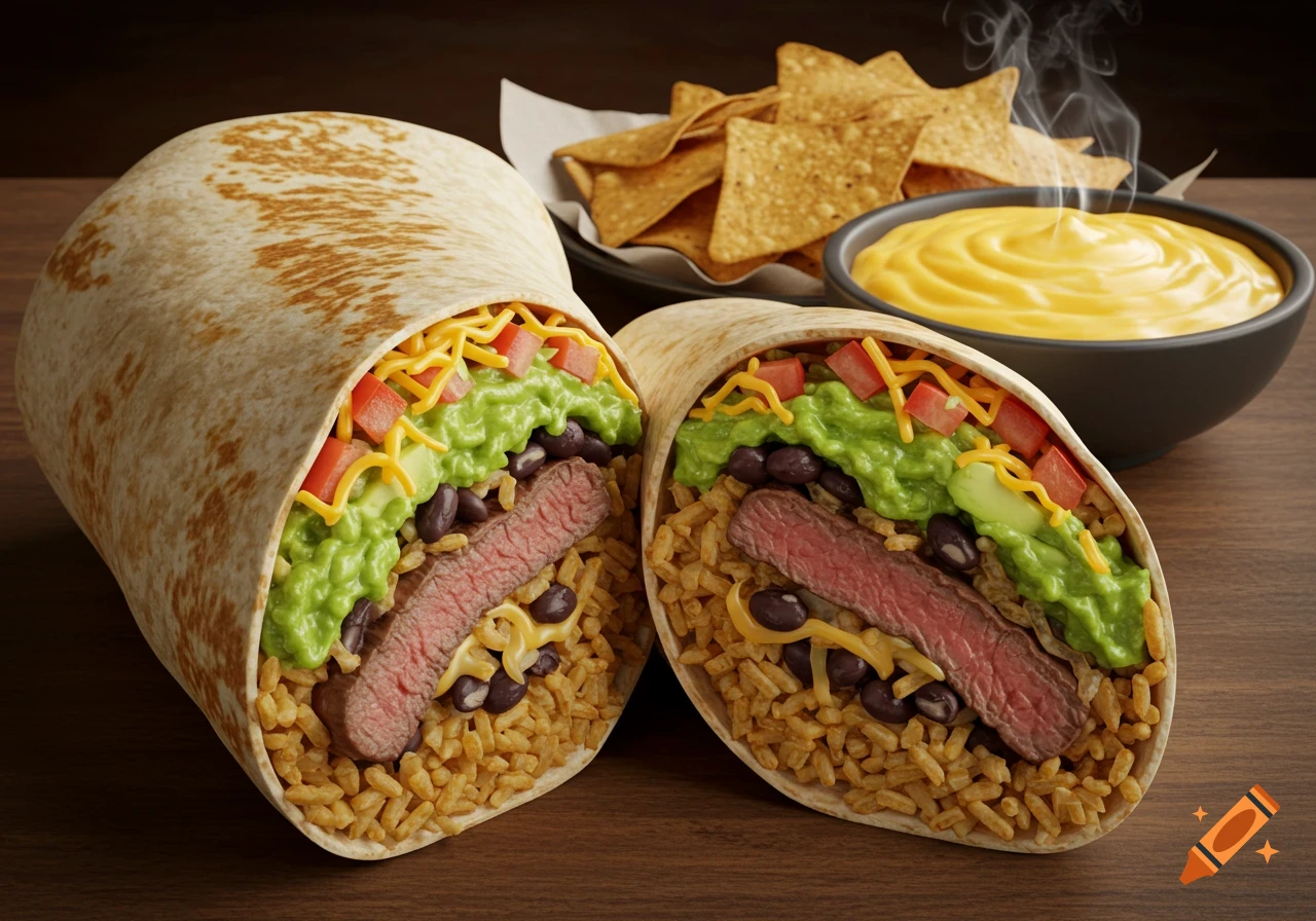 A photorealistic image of a steak burrito cut in half, served with tortilla chips and a bowl of steaming cheese dip.