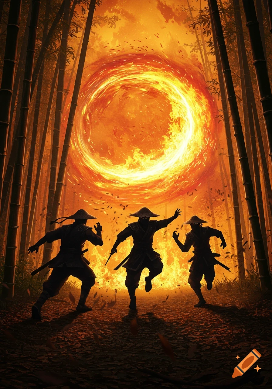 Silhouetted ninjas run through a bamboo forest, fleeing a swirling orange fiery portal.