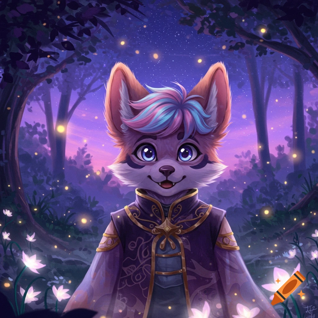 An adorable anime furry character with colorful hair and an ornate coat stands in a magical, glowing forest.