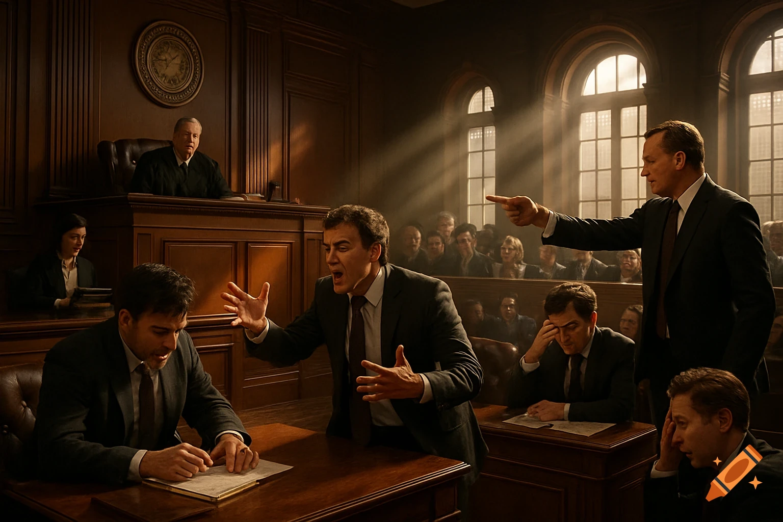 A dramatic courtroom scene with lawyers, a judge, and jury. One lawyer points, another shouts, while a third looks defeated.