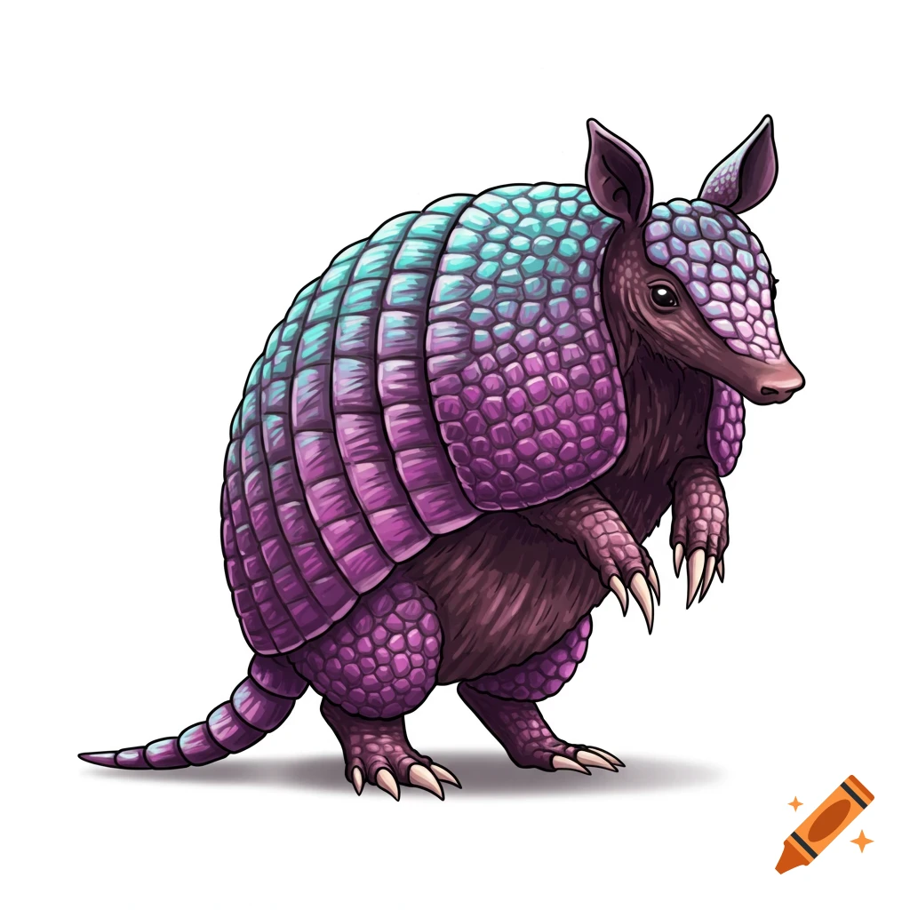 An illustrated purple and turquoise armadillo stands on a white background.