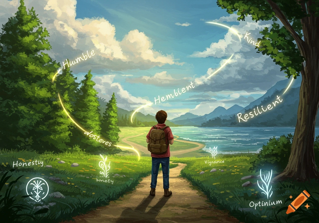 A person with a backpack stands on a path looking towards a lake and mountains, surrounded by glowing words like "Humble," "Kind," and "Resilient" floating in the air.