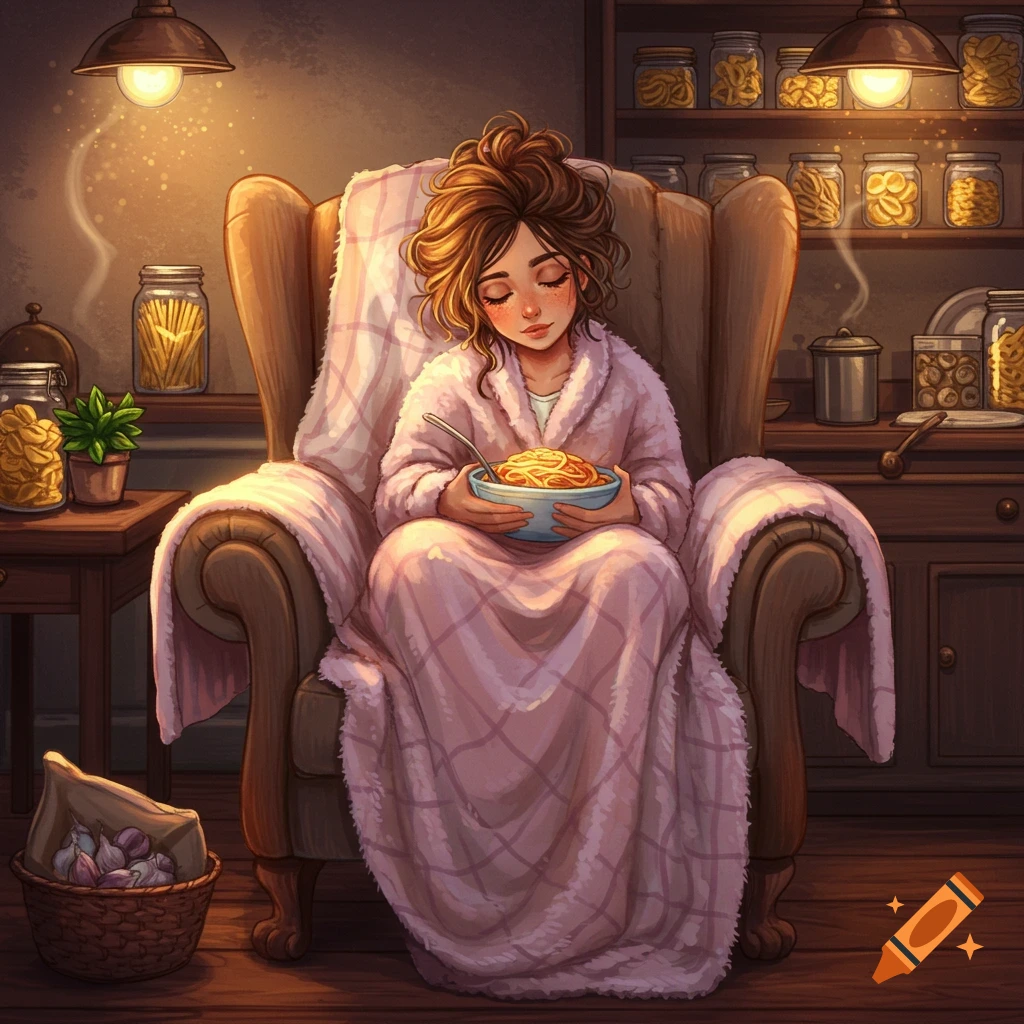 Illustrated girl wrapped in a pink blanket in a cozy armchair, eating a bowl of pasta in a warm, dimly lit kitchen.