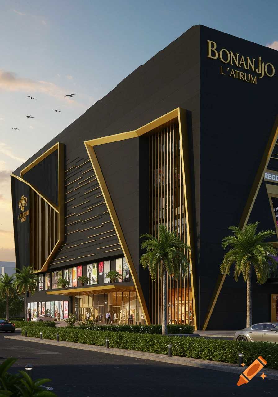 A modern black and gold building with an angular design, featuring prominent gold accents and the text L'ATRUM, with palm trees and a street in front.