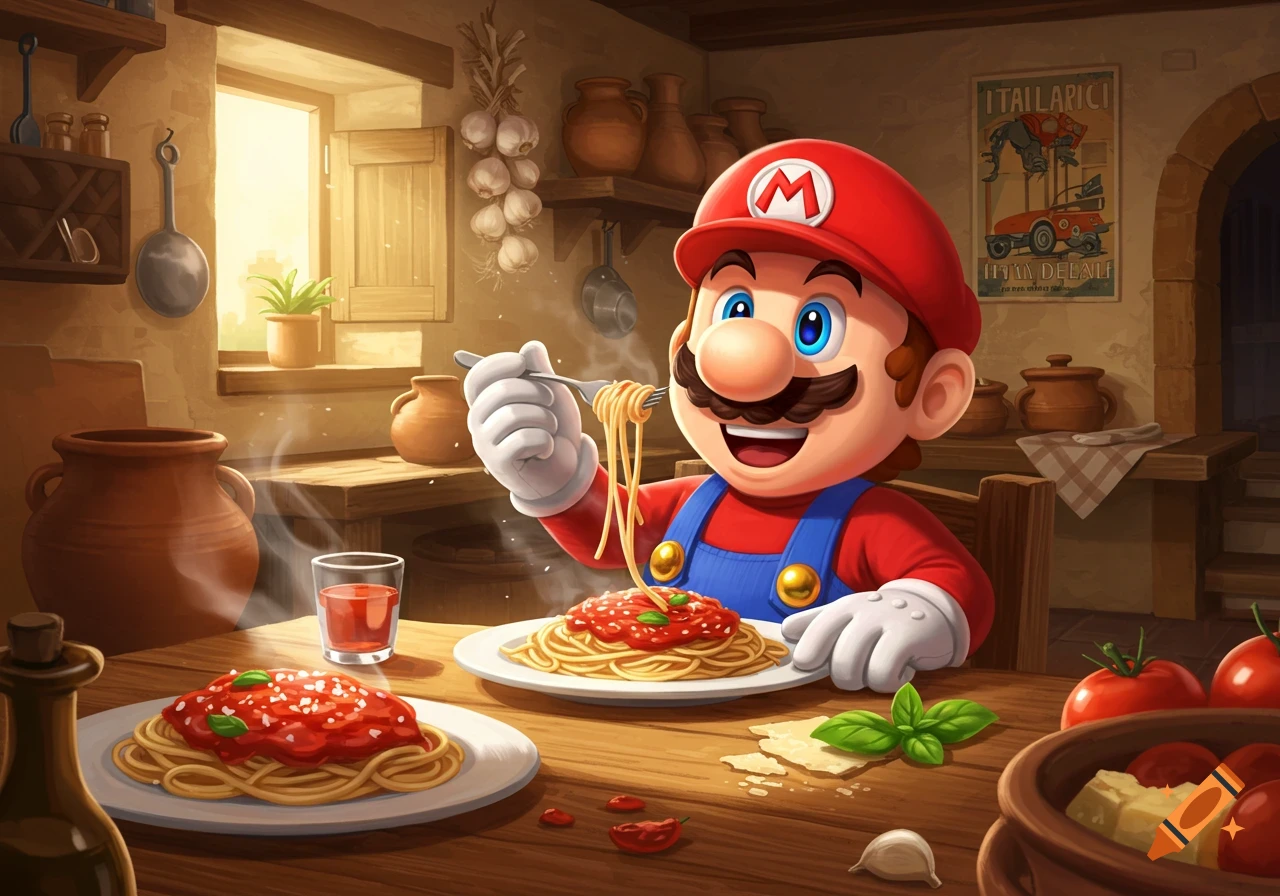 Cartoon Mario happily eating a steaming plate of spaghetti with sauce and cheese in a rustic Italian kitchen.