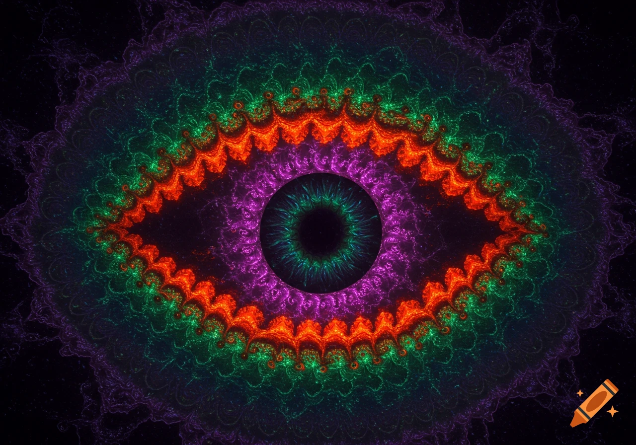 A vibrant abstract fractal resembling an eye, with intricate patterns in green, orange, and purple hues on a dark background.