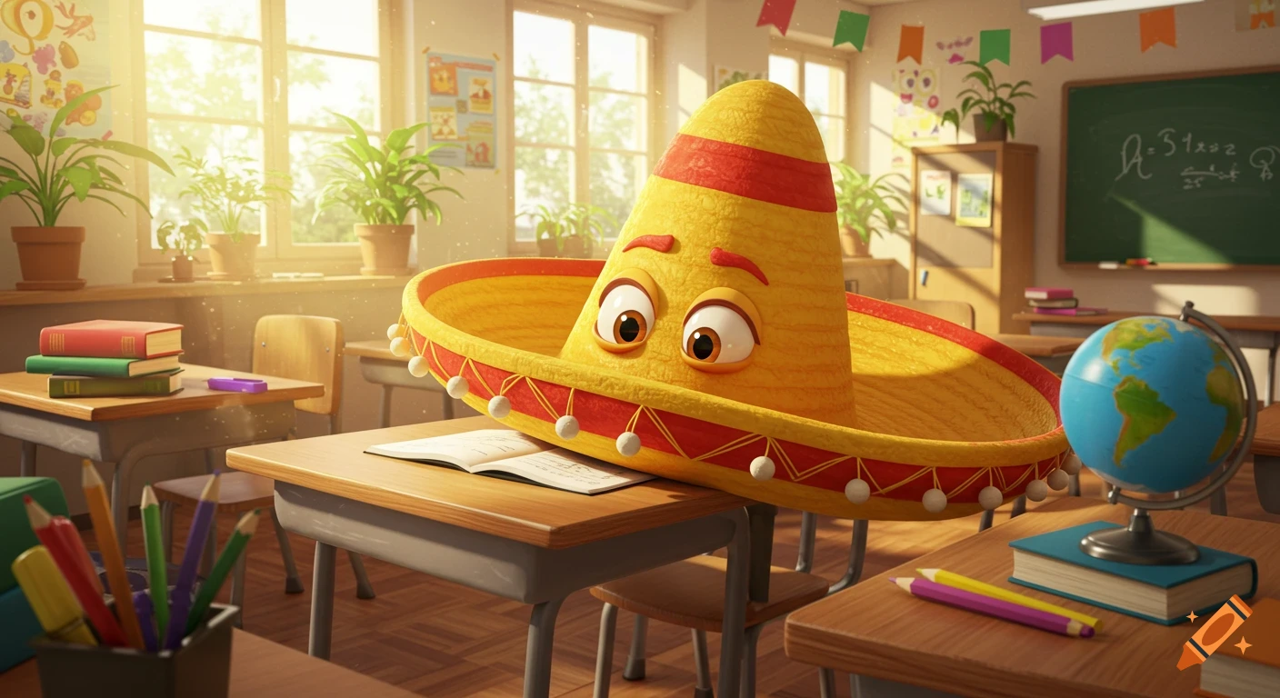 A yellow cartoon sombrero with eyes sits on a desk in a sunlit classroom, with an open book in front.