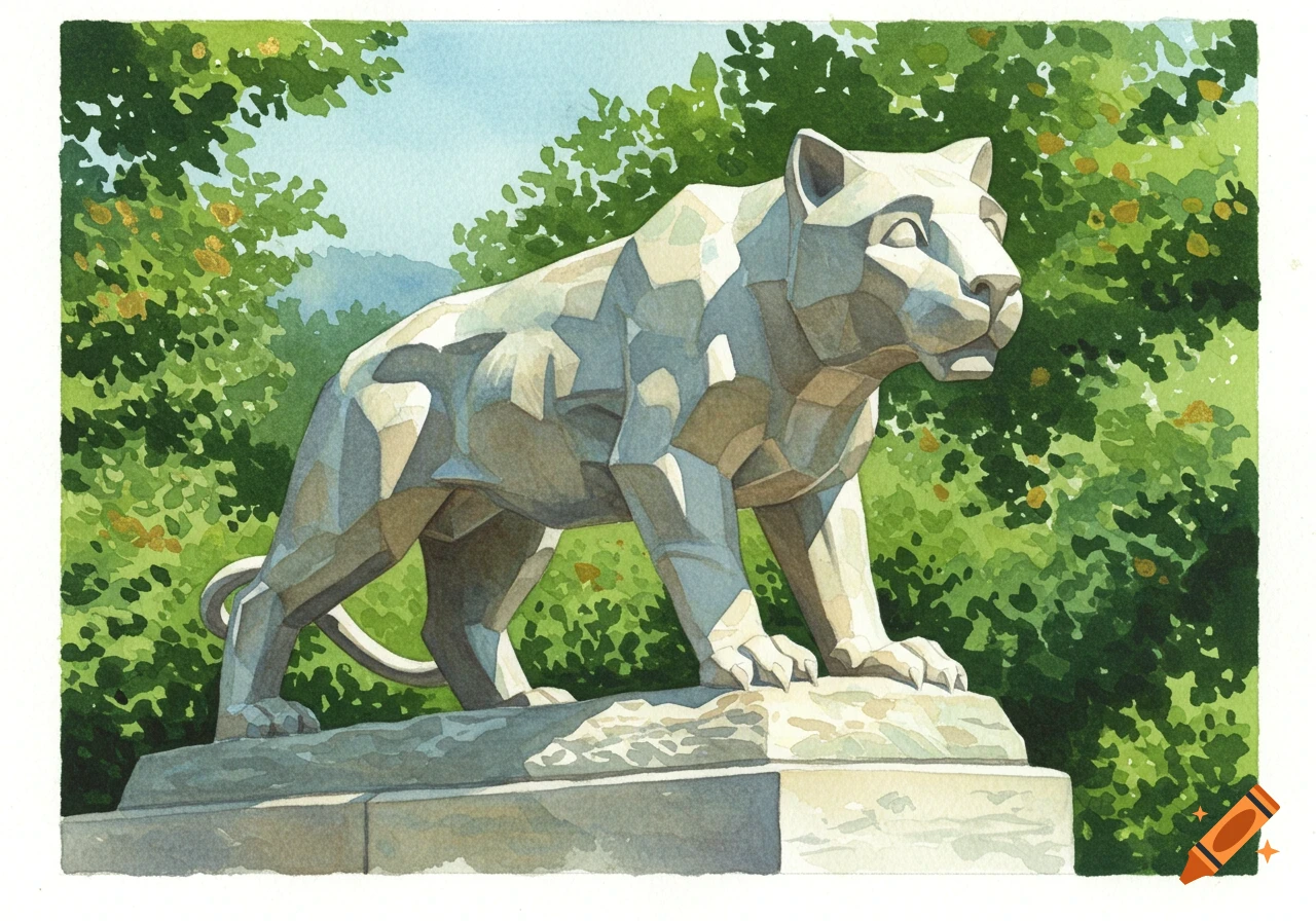 Watercolor painting of a polygonal stone lion statue, the Nittany Lion, amidst green trees and a blue sky.