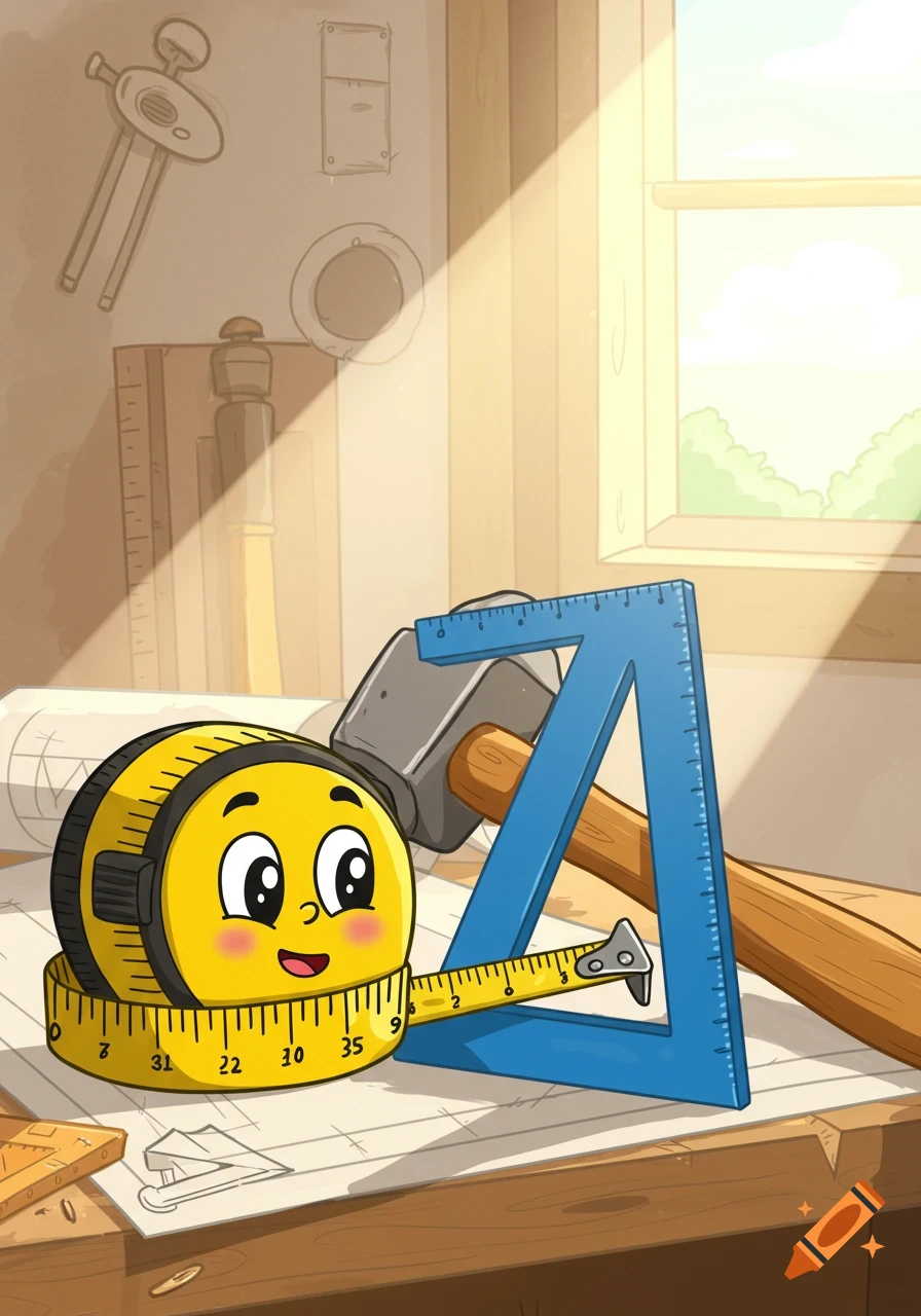 A cute cartoon tape measure character with a smiling face stands on a blueprint, next to a hammer and a blue speed square, in a sunny workshop.