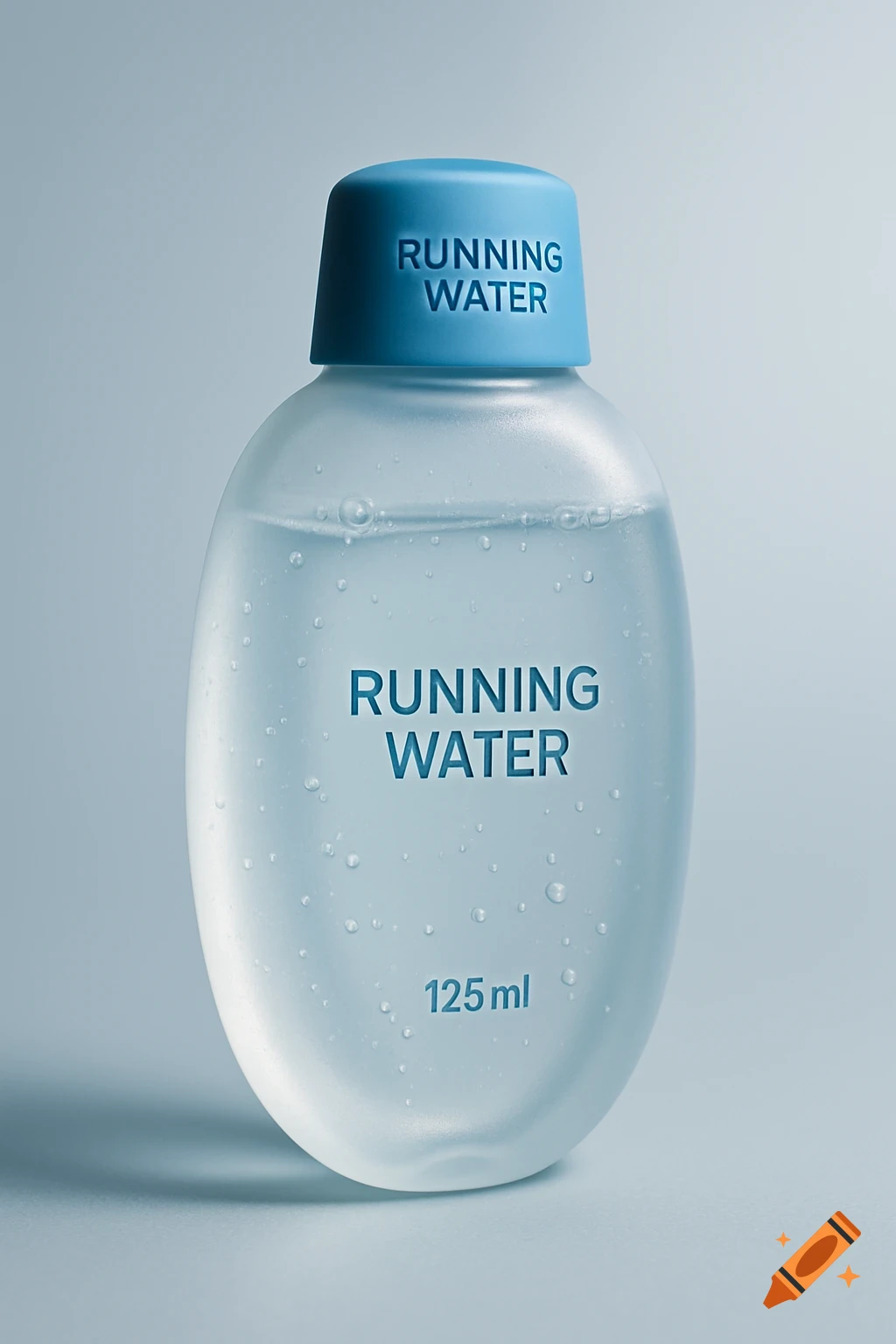 A photorealistic image of a translucent oval water bottle with a blue cap and text 'RUNNING WATER' and '125 ml', covered in water droplets.