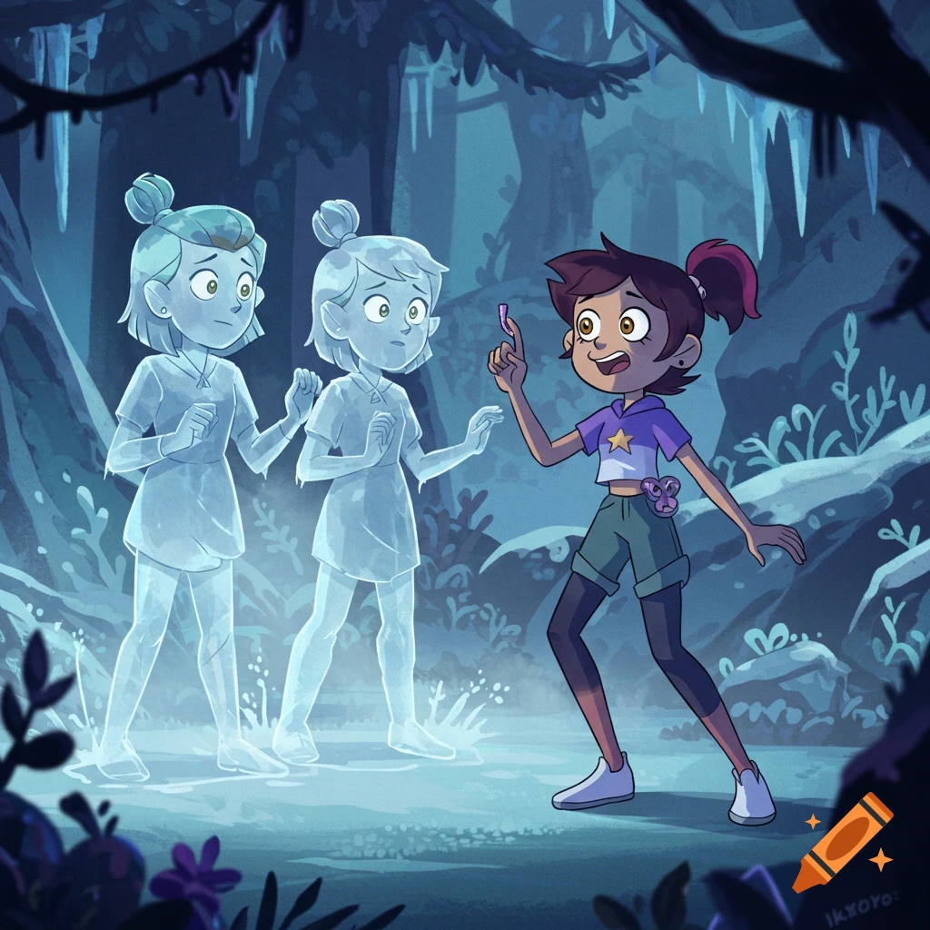 Luz, a girl with brown hair, stands in a mystical blue forest, holding a pink object, looking surprised at two translucent, pale blue, ghost-like figures resembling Amity.