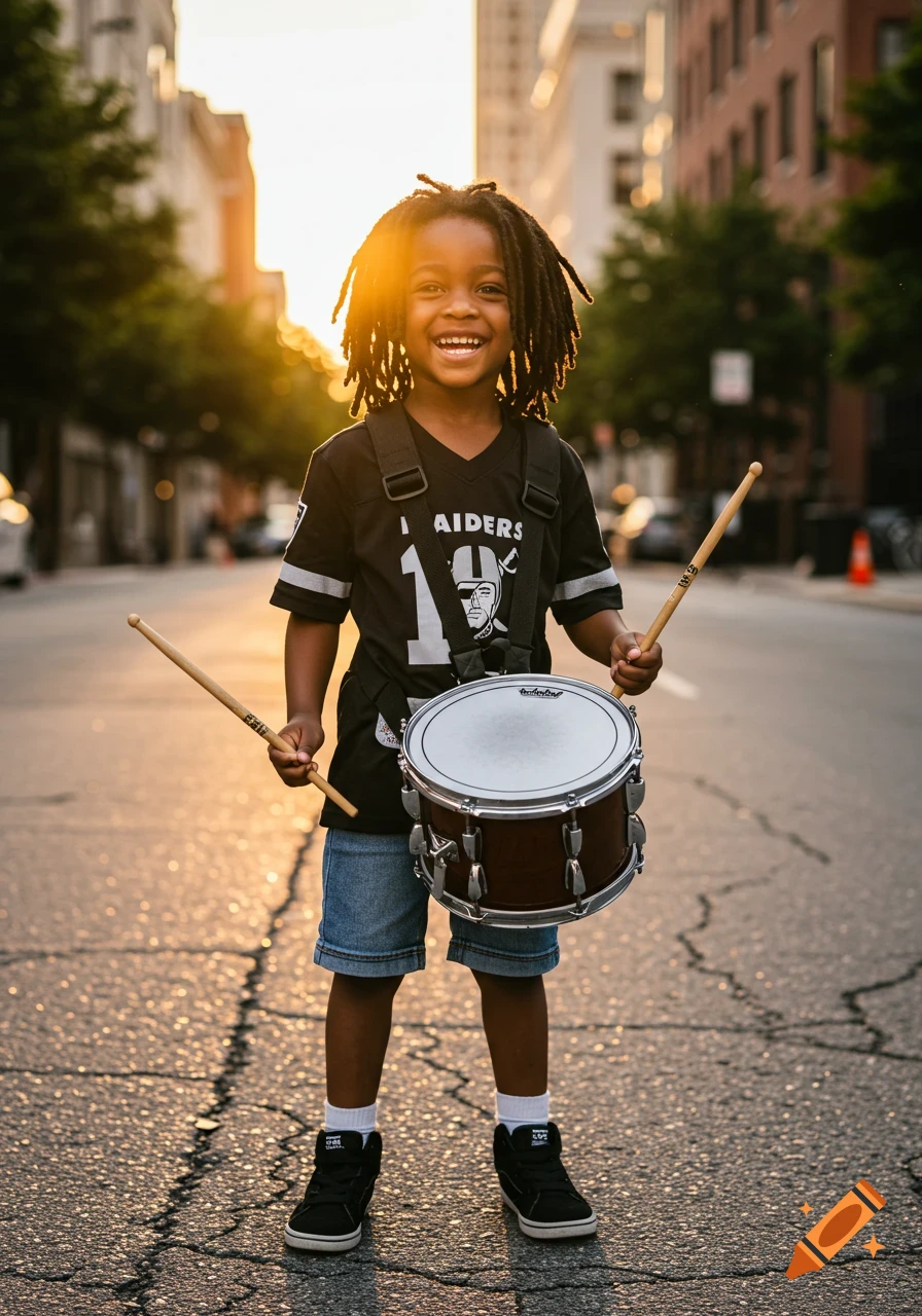 A smiling young black boy with dreadlocks stands in a street, wearing a Raiders shirt, holding drumsticks and a snare drum.