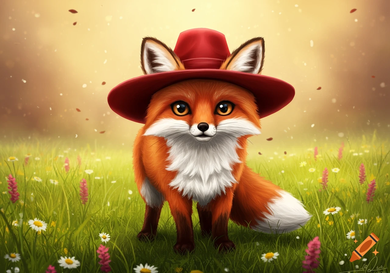 A cute, stylized orange fox with a red hat stands in a vibrant green meadow with flowers.