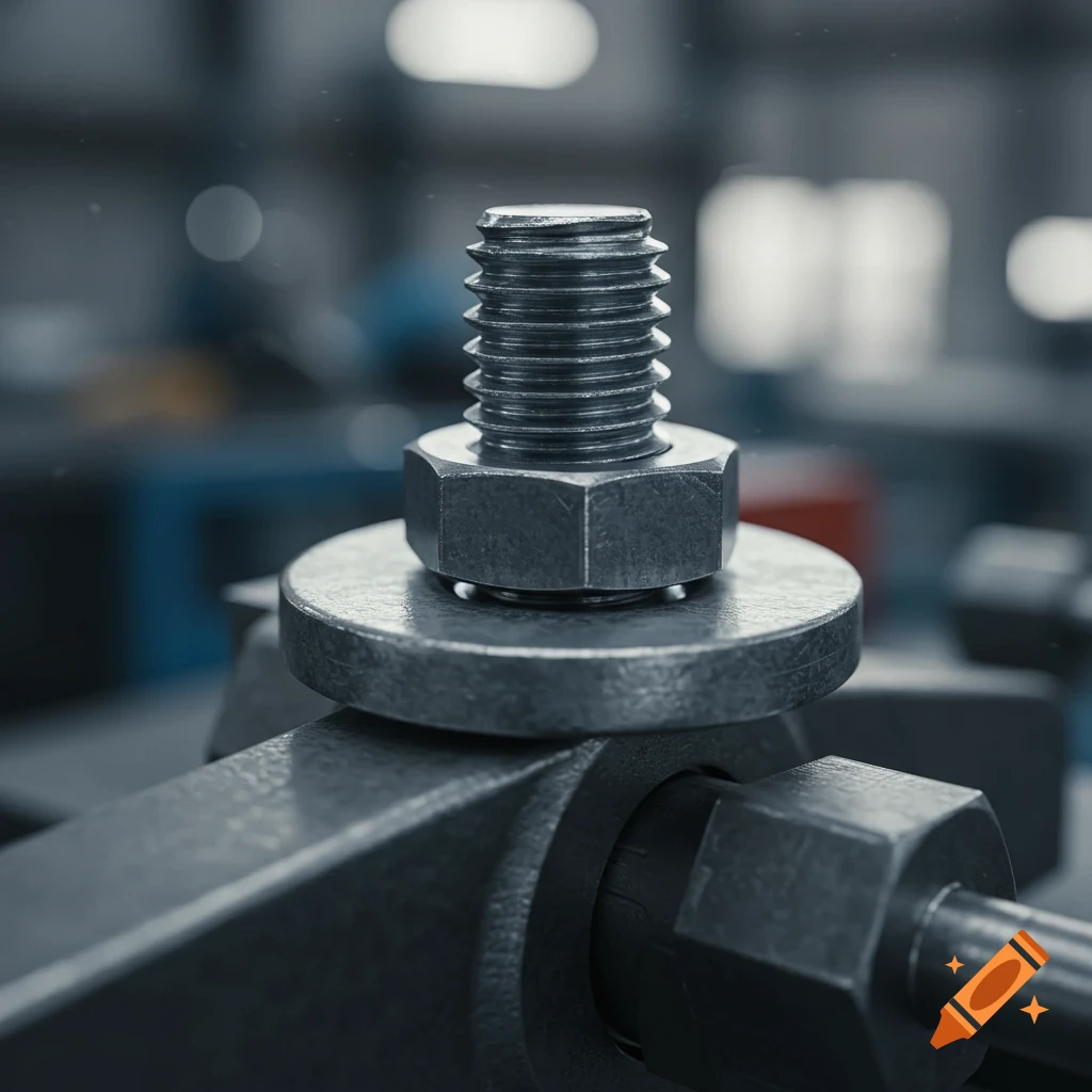 Close-up of a metal bolt with a nut and thick washer, in an industrial setting.