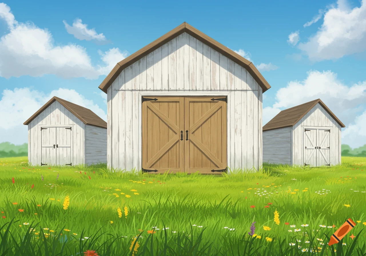 Three white sheds with brown roofs and wooden doors stand in a vibrant green field filled with wildflowers under a blue sky with clouds.