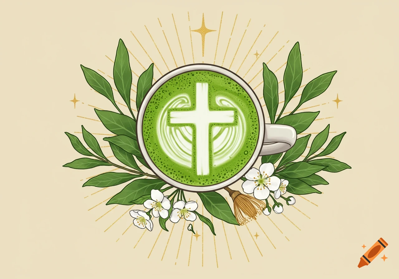 Matcha latte with a white Christian cross in the foam, surrounded by green leaves, white flowers, and golden starbursts.