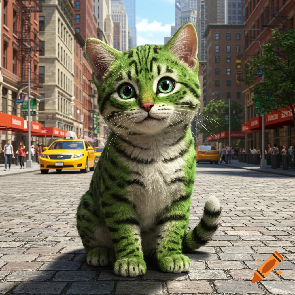 A cute, green-striped kitten with large eyes sits on a cobblestone street in a photorealistic sunny New York City.