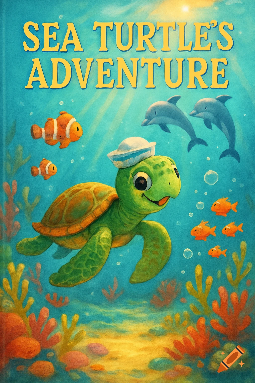 A colorful children's book cover shows a smiling cartoon sea turtle wearing a sailor hat swimming underwater with clownfish, orange fish, and two dolphins. Sun rays penetrate the blue water, illuminating coral and the sandy seabed.